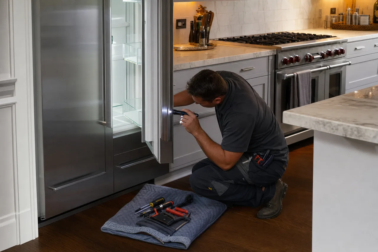 Technician repairing a built-in refrigerator mid-repair