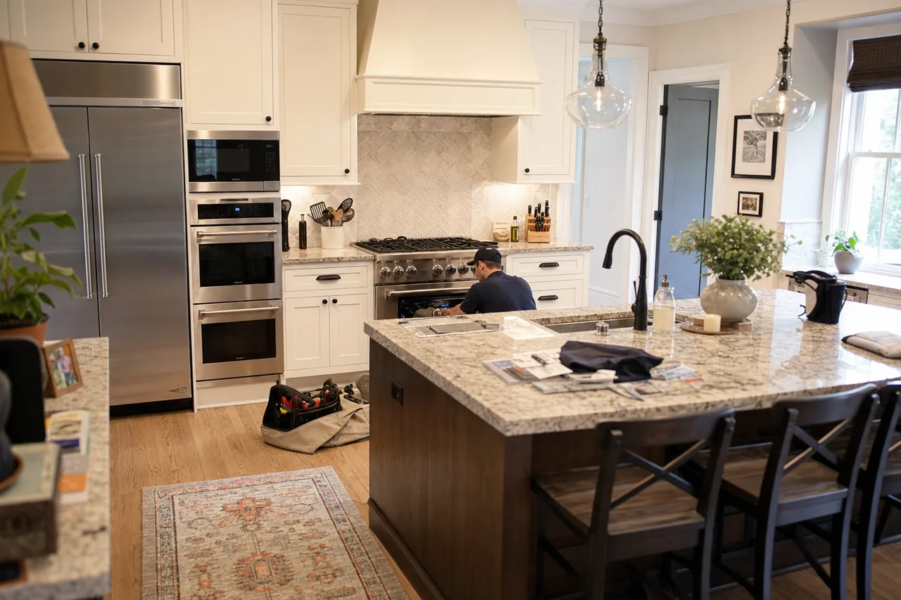 A luxury kitchen with built-in stainless appliances mid-repair