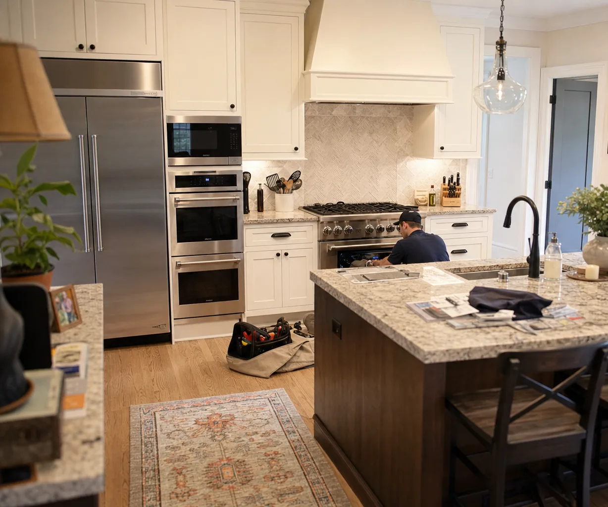 A luxury kitchen with built-in stainless appliances in a Great Neck kitchen
