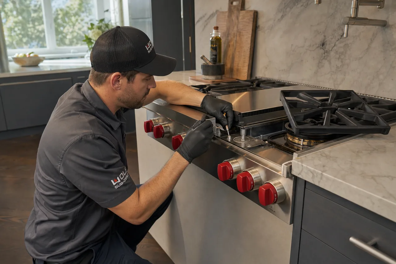 Technician servicing a stainless Wolf range