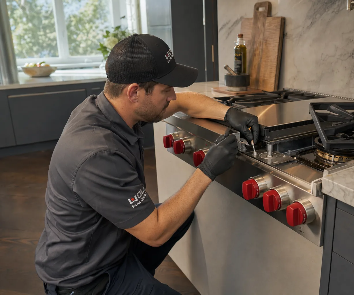 Technician servicing a stainless Wolf range in a Great Neck kitchen